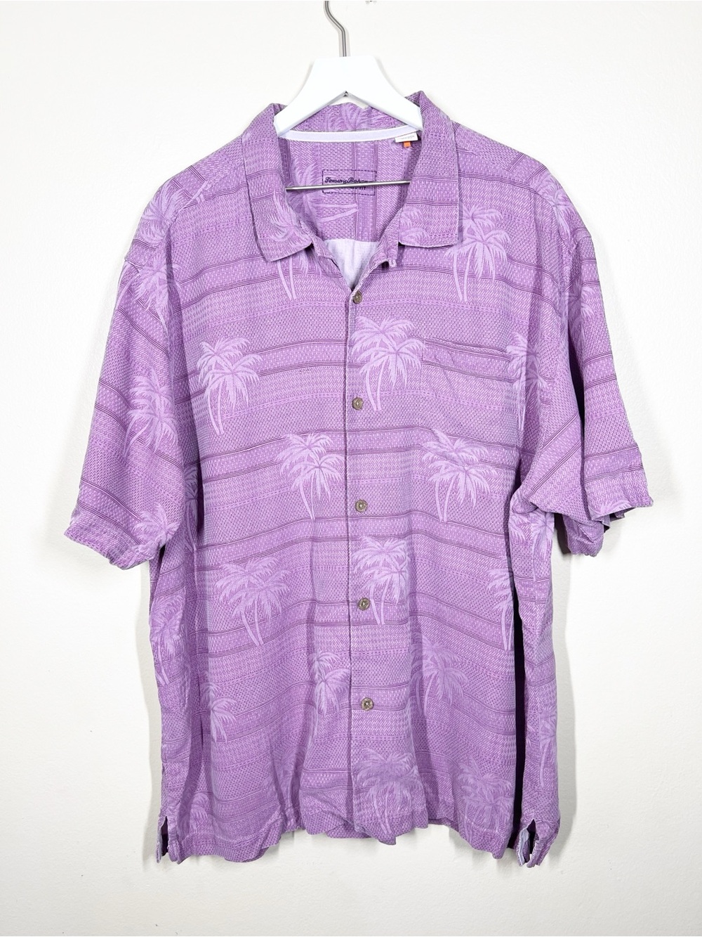 Tommy Bahama Purple Palm-Print Hawaiian Silk Camp Shirt Short Sleeve Size 3XL